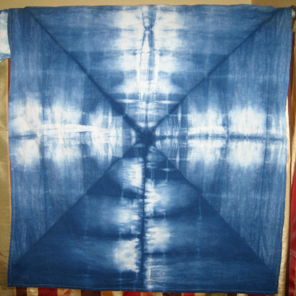 A shibori dyed piece after having been through the washer and dryer