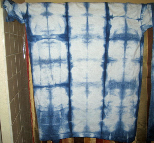 A shibori dyed T-shirtafter having been through the washer and dryer